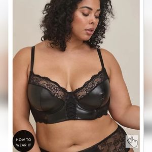 Torrid black faux leather & lace unlinef longline underwire bralette, size 4x